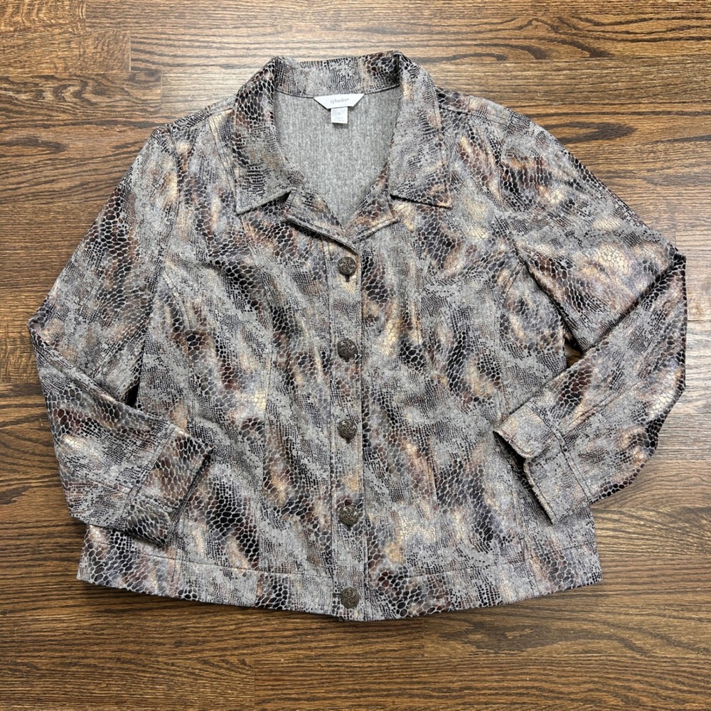 CJ Banks Jacket Womens 2X Snakeskin Print Metallic Button Front Grey Gold Pocket